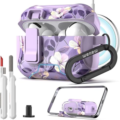 wenew Compatible with AirPods Pro 3 Generation (2025) Case Cover with Phone Stand, Cleaning Kit, Lanyard, Compatible with Magsafe, Magnetic Automatic Lock iPod Pro 3 Case (Purple 2, AirPods Pro 3) in Kuwait