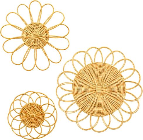 مجموعة سلال ديكور الحائط من Weysat Sunflower Boho Wicker مكونة من 3 قطع، مقاس 11.81 بوصة معلقة على الحائط من Macrame، نمط ريفي من الروطان الريفي للحمام وغرفة المعيشة والحديقة والمكتب وديكور الحضانة in Saudi Arabia
