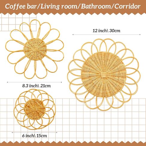 مجموعة سلال ديكور الحائط من Weysat Sunflower Boho Wicker مكونة من 3 قطع، مقاس 11.81 بوصة معلقة على الحائط من Macrame، نمط ريفي من الروطان الريفي للحمام وغرفة المعيشة والحديقة والمكتب وديكور الحضانة in Saudi Arabia
