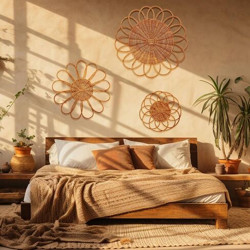 مجموعة سلال ديكور الحائط من Weysat Sunflower Boho Wicker مكونة من 3 قطع، مقاس 11.81 بوصة معلقة على الحائط من Macrame، نمط ريفي من الروطان الريفي للحمام وغرفة المعيشة والحديقة والمكتب وديكور الحضانة in Saudi Arabia