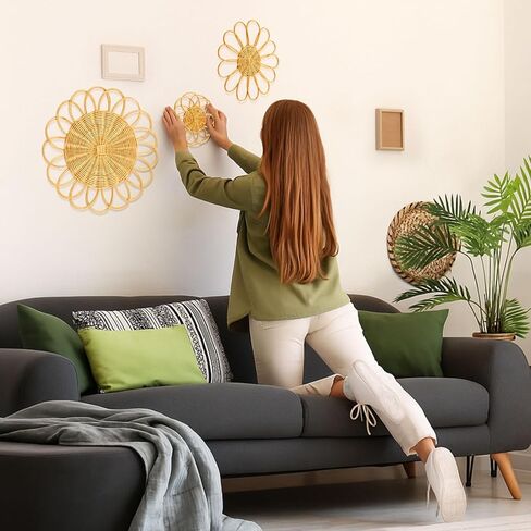 مجموعة سلال ديكور الحائط من Weysat Sunflower Boho Wicker مكونة من 3 قطع، مقاس 11.81 بوصة معلقة على الحائط من Macrame، نمط ريفي من الروطان الريفي للحمام وغرفة المعيشة والحديقة والمكتب وديكور الحضانة in Saudi Arabia