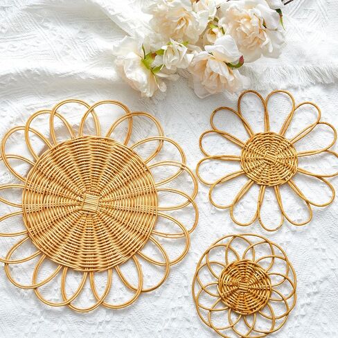 مجموعة سلال ديكور الحائط من Weysat Sunflower Boho Wicker مكونة من 3 قطع، مقاس 11.81 بوصة معلقة على الحائط من Macrame، نمط ريفي من الروطان الريفي للحمام وغرفة المعيشة والحديقة والمكتب وديكور الحضانة in Saudi Arabia
