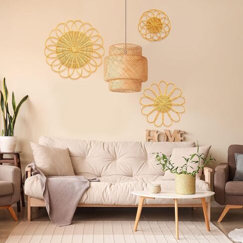 مجموعة سلال ديكور الحائط من Weysat Sunflower Boho Wicker مكونة من 3 قطع، مقاس 11.81 بوصة معلقة على الحائط من Macrame، نمط ريفي من الروطان الريفي للحمام وغرفة المعيشة والحديقة والمكتب وديكور الحضانة in Saudi Arabia