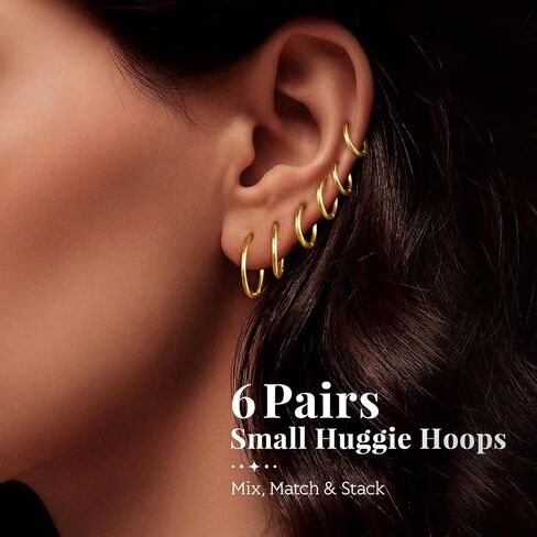 6 Pairs Small Gold Huggie Hoop Earrings for Womem: 14K Gold-plated Hypoallergenic Lightweight Hoops, Nickel-free Lead-free, Non-Tarnish Cartilage Earrings for Multiple Piercings Stack Jewelry Set in Saudi Arabia