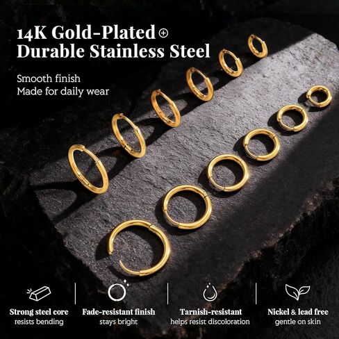 6 Pairs Small Gold Huggie Hoop Earrings for Womem: 14K Gold-plated Hypoallergenic Lightweight Hoops, Nickel-free Lead-free, Non-Tarnish Cartilage Earrings for Multiple Piercings Stack Jewelry Set in Saudi Arabia