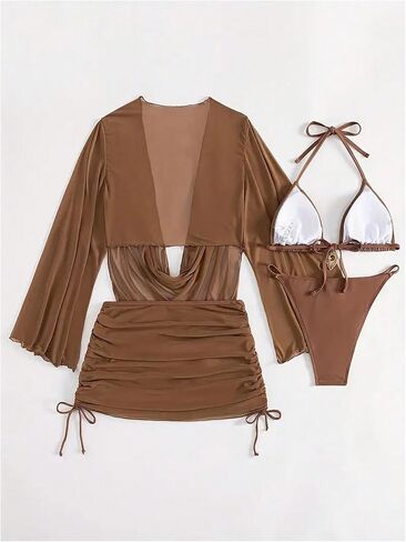 SHENHE Women's 4 Pieces Swimsuit Set Sheer Cover Up Ruched Halter Bikini Swimwear in Saudi Arabia