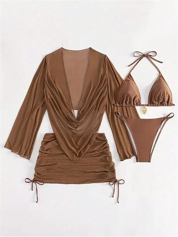 SHENHE Women's 4 Pieces Swimsuit Set Sheer Cover Up Ruched Halter Bikini Swimwear in Saudi Arabia