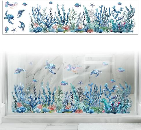 1Set Waterproof PVC Window Film Static Stickers, Seaweed Fish Sea Turtle Pattern Window Decals, Removable Under The Sea Wall Decal Decor for Home Office Party Supplies, 11.81x47.24inch in Saudi Arabia