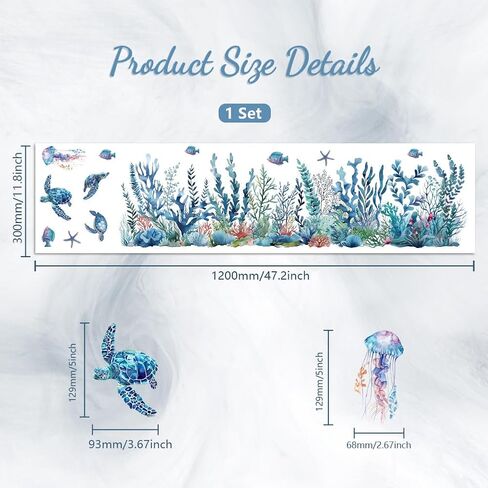 1Set Waterproof PVC Window Film Static Stickers, Seaweed Fish Sea Turtle Pattern Window Decals, Removable Under The Sea Wall Decal Decor for Home Office Party Supplies, 11.81x47.24inch in Saudi Arabia