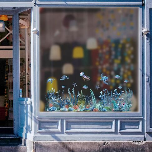 1Set Waterproof PVC Window Film Static Stickers, Seaweed Fish Sea Turtle Pattern Window Decals, Removable Under The Sea Wall Decal Decor for Home Office Party Supplies, 11.81x47.24inch in Saudi Arabia