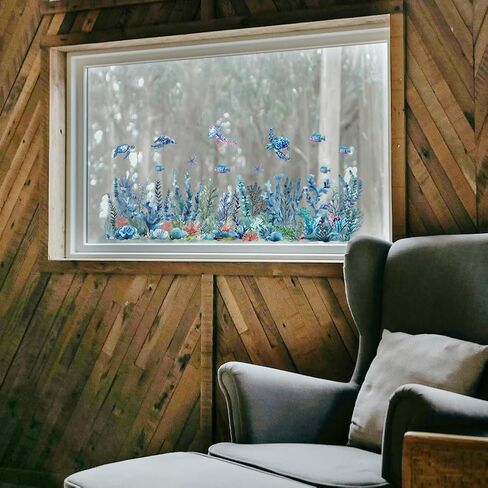 1Set Waterproof PVC Window Film Static Stickers, Seaweed Fish Sea Turtle Pattern Window Decals, Removable Under The Sea Wall Decal Decor for Home Office Party Supplies, 11.81x47.24inch in Saudi Arabia