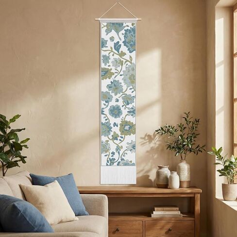 Gilprop Vintage Wall vertical Tapestry, 52 x 13 Inch Rectangle Oushak Boho Blue Turkish Vertical Long Hanging Reference Illustrative Botanical Tassel Tapestry for Living Room Bedroom Office Home in Saudi Arabia