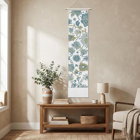 Gilprop Vintage Wall vertical Tapestry, 52 x 13 Inch Rectangle Oushak Boho Blue Turkish Vertical Long Hanging Reference Illustrative Botanical Tassel Tapestry for Living Room Bedroom Office Home in Saudi Arabia