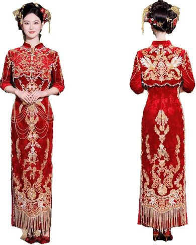in OrientTown Bride Wedding Dress Xiuhe Traditional Chinese Toast Ceremony Tops + Skirt for Lady Party Attire A070 in Saudi Arabia