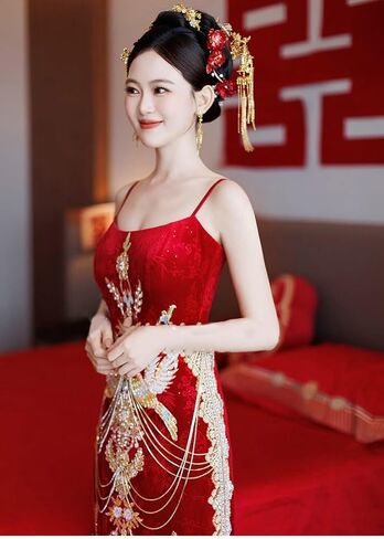 in OrientTown Bride Wedding Dress Xiuhe Traditional Chinese Toast Ceremony Tops + Skirt for Lady Party Attire A070 in Saudi Arabia
