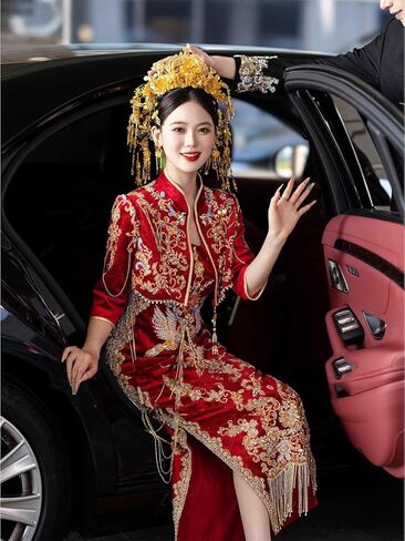 in OrientTown Bride Wedding Dress Xiuhe Traditional Chinese Toast Ceremony Tops + Skirt for Lady Party Attire A070 in Saudi Arabia