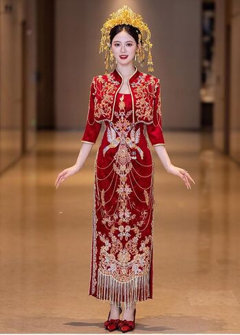 in OrientTown Bride Wedding Dress Xiuhe Traditional Chinese Toast Ceremony Tops + Skirt for Lady Party Attire A070 in Saudi Arabia