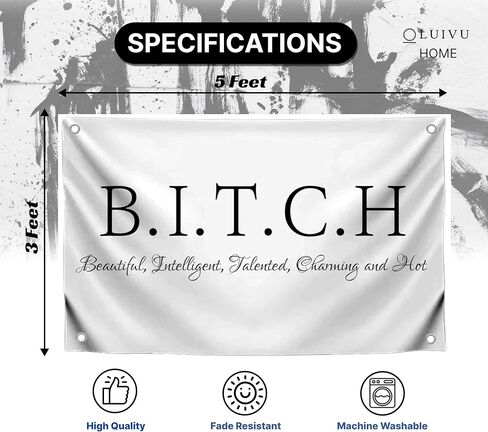 أعلام البوليستر B.I.T.C.H المزخرفة من جانب واحد مقاس 3 × 5 أقدام مع 4 حلقات - لافتة على ديكور حائط جميل وذكي موهوب وساحر - أعلام للفتيات في غرفة النوم أو نسيج للسكن الجامعي in Saudi Arabia