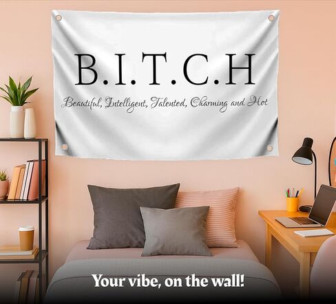أعلام البوليستر B.I.T.C.H المزخرفة من جانب واحد مقاس 3 × 5 أقدام مع 4 حلقات - لافتة على ديكور حائط جميل وذكي موهوب وساحر - أعلام للفتيات في غرفة النوم أو نسيج للسكن الجامعي in Saudi Arabia