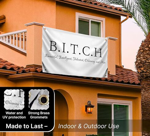 أعلام البوليستر B.I.T.C.H المزخرفة من جانب واحد مقاس 3 × 5 أقدام مع 4 حلقات - لافتة على ديكور حائط جميل وذكي موهوب وساحر - أعلام للفتيات في غرفة النوم أو نسيج للسكن الجامعي in Saudi Arabia