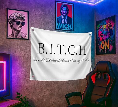 أعلام البوليستر B.I.T.C.H المزخرفة من جانب واحد مقاس 3 × 5 أقدام مع 4 حلقات - لافتة على ديكور حائط جميل وذكي موهوب وساحر - أعلام للفتيات في غرفة النوم أو نسيج للسكن الجامعي in Saudi Arabia