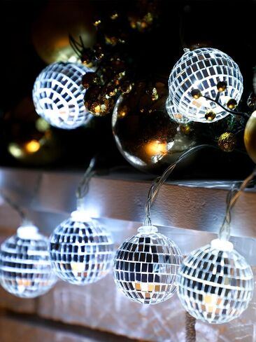 BBTO LED كرة ديسكو سلسلة ضوء كرات مرآة تعمل بالبطارية الحلي للشرفة الخلفية الخارجية 70s 80s لوازم حفلات الديسكو (1.57 بوصة، ذهبي وردي) in Kuwait