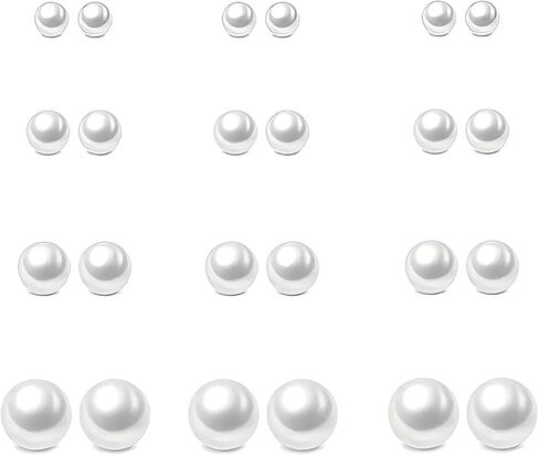12 Pairs Pearl Stud Earrings for Women & Men, Hypoallergenic Stainless Steel 4 Sizes (6mm-12mm), Classic Round Pearl Earrings Set for Daily Wear in Saudi Arabia