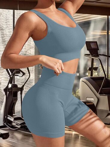 Women’s 2 Piece Workout Set Ribbed Sports Bra Tank Top with Built-in Pads & High Waist Shorts Yoga Outfit in Saudi Arabia