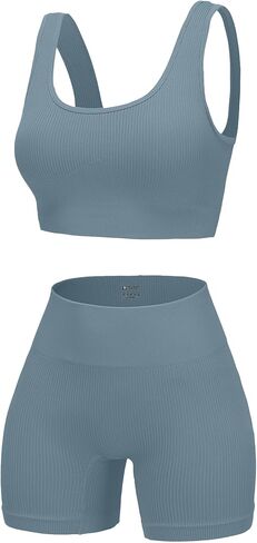 Women’s 2 Piece Workout Set Ribbed Sports Bra Tank Top with Built-in Pads & High Waist Shorts Yoga Outfit in Saudi Arabia