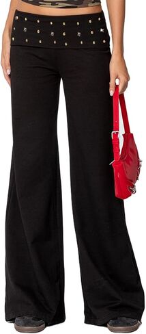 Sunloudy النساء Y2K أضعاف أكثر من السراويل برشام Foldover واسعة الساق اليوغا مضيئة طماق بسط منخفضة الخصر المتداول أكثر من جرس قيعان in Kuwait