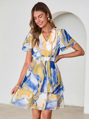Simplee Womens Floral Summer Mini Dress 2026 Chiffon V Neck Short Sleeve Empire Waist Ruffle Tiered Flowy Short Boho Dresses in Saudi Arabia