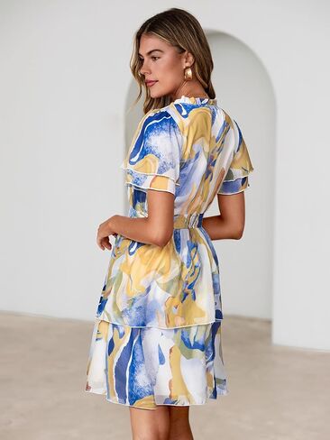 Simplee Womens Floral Summer Mini Dress 2026 Chiffon V Neck Short Sleeve Empire Waist Ruffle Tiered Flowy Short Boho Dresses in Saudi Arabia