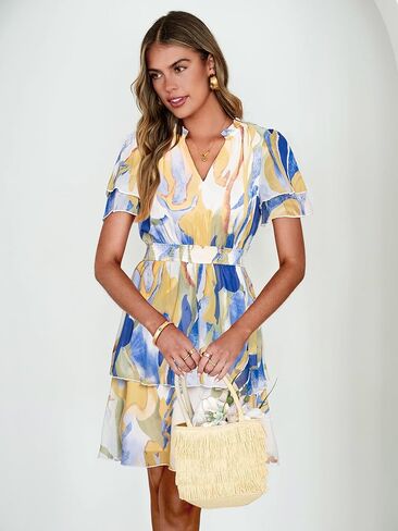 Simplee Womens Floral Summer Mini Dress 2026 Chiffon V Neck Short Sleeve Empire Waist Ruffle Tiered Flowy Short Boho Dresses in Saudi Arabia