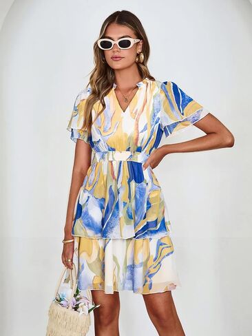 Simplee Womens Floral Summer Mini Dress 2026 Chiffon V Neck Short Sleeve Empire Waist Ruffle Tiered Flowy Short Boho Dresses in Saudi Arabia