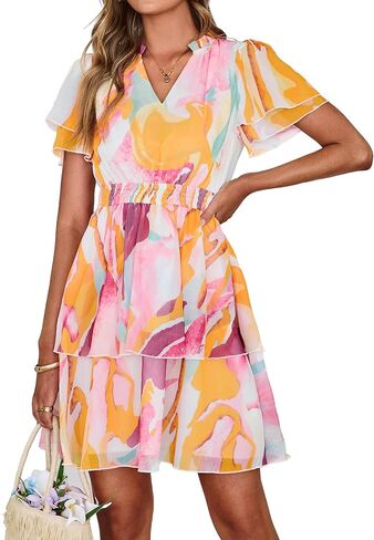 Simplee Womens Floral Summer Mini Dress 2026 Chiffon V Neck Short Sleeve Empire Waist Ruffle Tiered Flowy Short Boho Dresses in Saudi Arabia