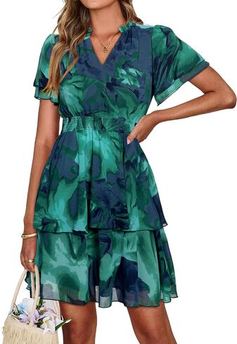 Simplee Womens Floral Summer Mini Dress 2026 Chiffon V Neck Short Sleeve Empire Waist Ruffle Tiered Flowy Short Boho Dresses in Saudi Arabia
