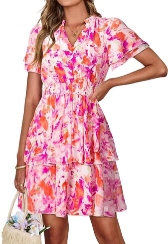 Simplee Womens Floral Summer Mini Dress 2026 Chiffon V Neck Short Sleeve Empire Waist Ruffle Tiered Flowy Short Boho Dresses in Saudi Arabia