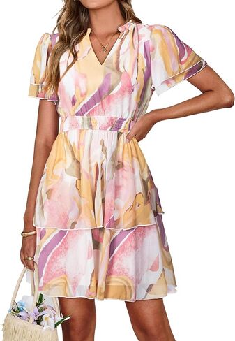 Simplee Womens Floral Summer Mini Dress 2026 Chiffon V Neck Short Sleeve Empire Waist Ruffle Tiered Flowy Short Boho Dresses in Saudi Arabia