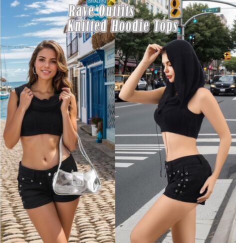 Aucute Women Hooded Knitted Sweater Vest, Sexy Rave Sleeveless Streetwear Corp Top Music Festival Outfit in Saudi Arabia