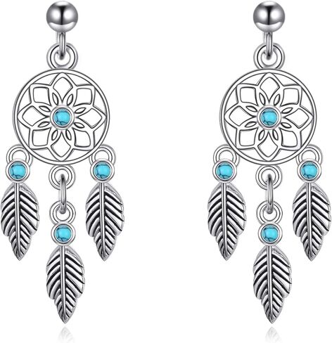 KZX الفيروز Dreamcatcher أقراط للنساء 925 الفضة الاسترليني حلم الماسك ريشة أقراط خمر البوهيمي المجوهرات الغربية الأمريكيين الأصليين الهنود حلم الماسك ريشة تتدلى الأقراط in Saudi Arabia