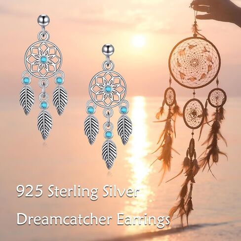 KZX الفيروز Dreamcatcher أقراط للنساء 925 الفضة الاسترليني حلم الماسك ريشة أقراط خمر البوهيمي المجوهرات الغربية الأمريكيين الأصليين الهنود حلم الماسك ريشة تتدلى الأقراط in Saudi Arabia