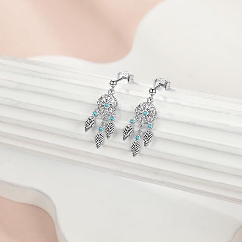 KZX الفيروز Dreamcatcher أقراط للنساء 925 الفضة الاسترليني حلم الماسك ريشة أقراط خمر البوهيمي المجوهرات الغربية الأمريكيين الأصليين الهنود حلم الماسك ريشة تتدلى الأقراط in Saudi Arabia