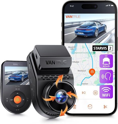 Vantrue S1 Pro 2.7k Mini Mini Dash Cam ، 2.5k@60fps ، Starvis 2 ، ADAs ، التحكم الصوتي ، PlatePix ™ Vision ، دعم LTE ، WiFi ، GPS ، زاوية واسعة 158 درجة ، 24/7 وضع وقوف السيارات ، دعم 1 تيرابايت كحد أقصى in Kuwait