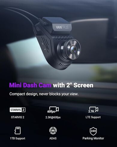 Vantrue S1 Pro 2.7k Mini Mini Dash Cam ، 2.5k@60fps ، Starvis 2 ، ADAs ، التحكم الصوتي ، PlatePix ™ Vision ، دعم LTE ، WiFi ، GPS ، زاوية واسعة 158 درجة ، 24/7 وضع وقوف السيارات ، دعم 1 تيرابايت كحد أقصى in Kuwait