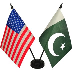 America & Pakistan Friendship Twin Desk Flag, US Pakistan Table Flags, 8 x 5 Inches American & Pakistani Deluxe Desk Flag Set - Miniature USA & Pakistan Stick Flag with Flag Stand