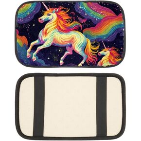 Generic Car Armrest Cover (12.5x8.2 in) Soft Imitation Rabbit Down Car Arm Rest Cushion, Auto Center Console Pad, Car Decor Interior Accessory Protection Cushions with Rainbow Unicorns Pattern