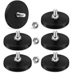 Learay 10 Pack Rubber Coated Magnets, 26LBS Neodymium Magnet Base with M6 Threaded Studs, Strong Mounting Magnets Stud Magnet Black Rare Earth Magnets for Light Bar Mirror Camera Tool