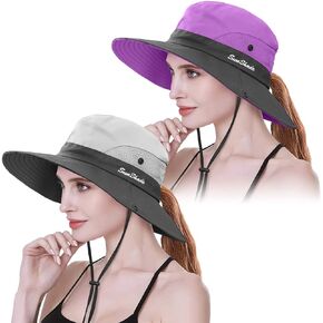 IYEBRAO 2 Pack Womens Ponytail Sun Hat UV Protection Bucket Hats Foldable Wide Brim Summer Boonie Beach Cap Fishing Hiking…