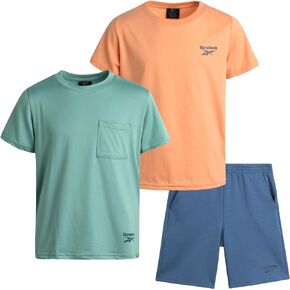 Reebok Boys' Active Shorts Set - 3 Piece Short Sleeve T-Shirt, Performance Dry Fit Shirt, French Terry Sweat Shorts (8-12)