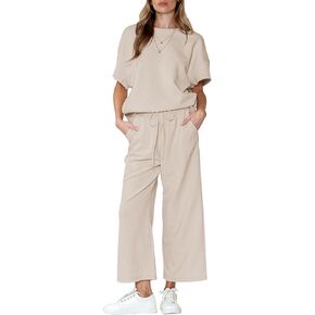 Wyeysyt Women's 2 Piece Outfits Sweatsuit 3/4 Batwing Sleeve Pullover Top Wide Leg Pant 2024 Lounge Sets Tracksuits